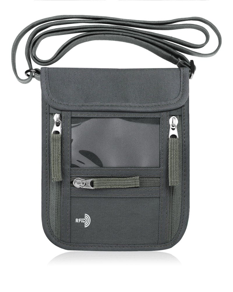 WALNEW Passport Holder Neck Pouch Travel Wallet for Women and Men, RFID Blocking Security Slim Traveling Wallet with Around Neck Lanyard Strap, Gray - Image 1